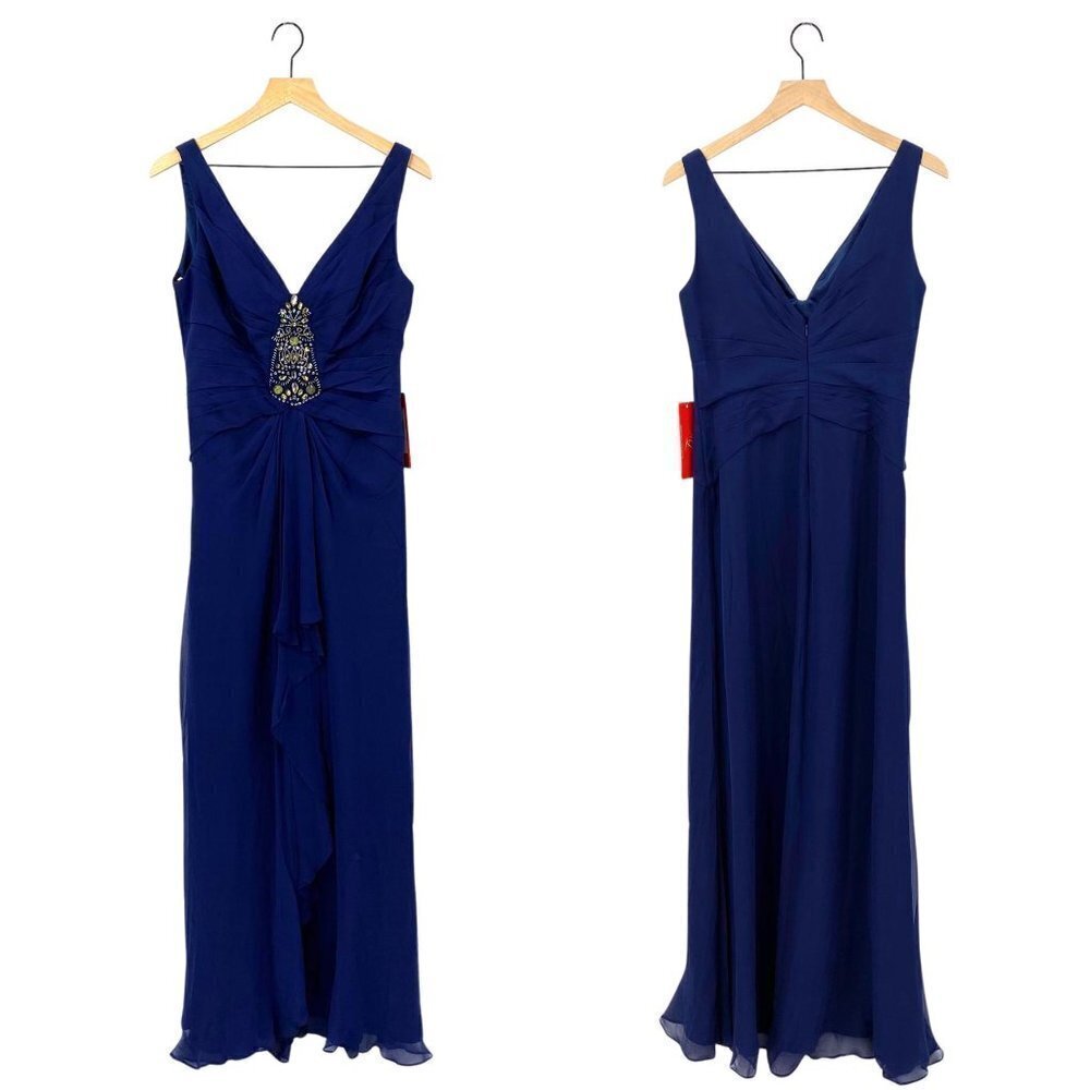 NEW Monique Lhuillier MSRP $698 Navy Silk Gown V-Neck Jeweled Beaded Size 10